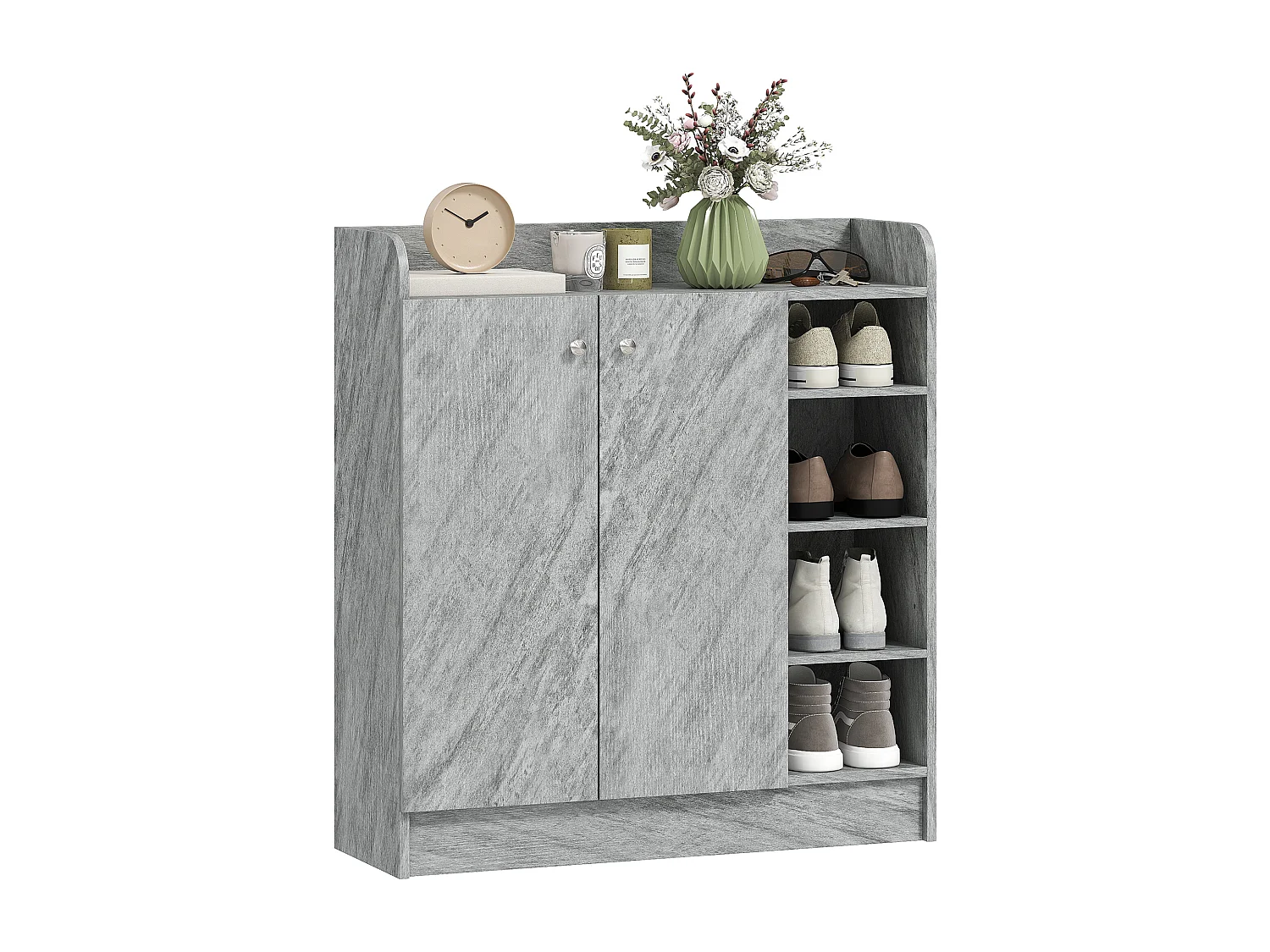 Meuble à chaussures - armoire à chaussures 2 portes 3 étagères 4 niches plateau aspect bois gris