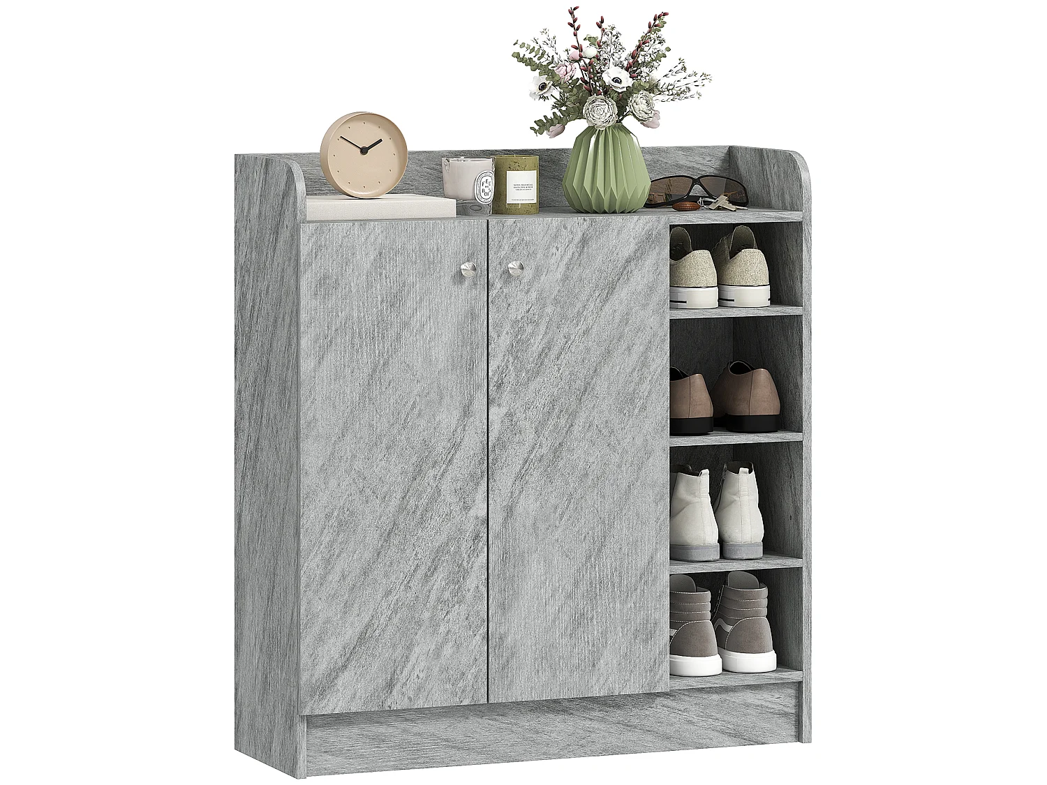 Meuble à chaussures - armoire à chaussures 2 portes 3 étagères 4 niches plateau aspect bois gris
