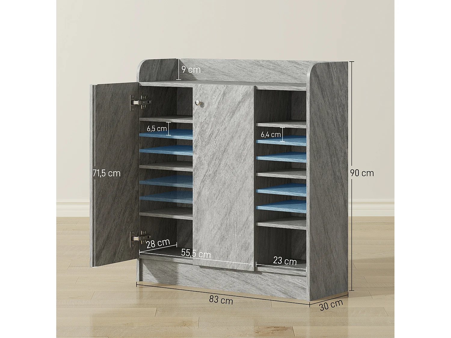 Meuble à chaussures - armoire à chaussures 2 portes 3 étagères 4 niches plateau aspect bois gris