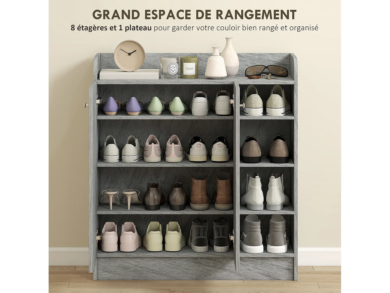 Meuble à chaussures - armoire à chaussures 2 portes 3 étagères 4 niches plateau aspect bois gris