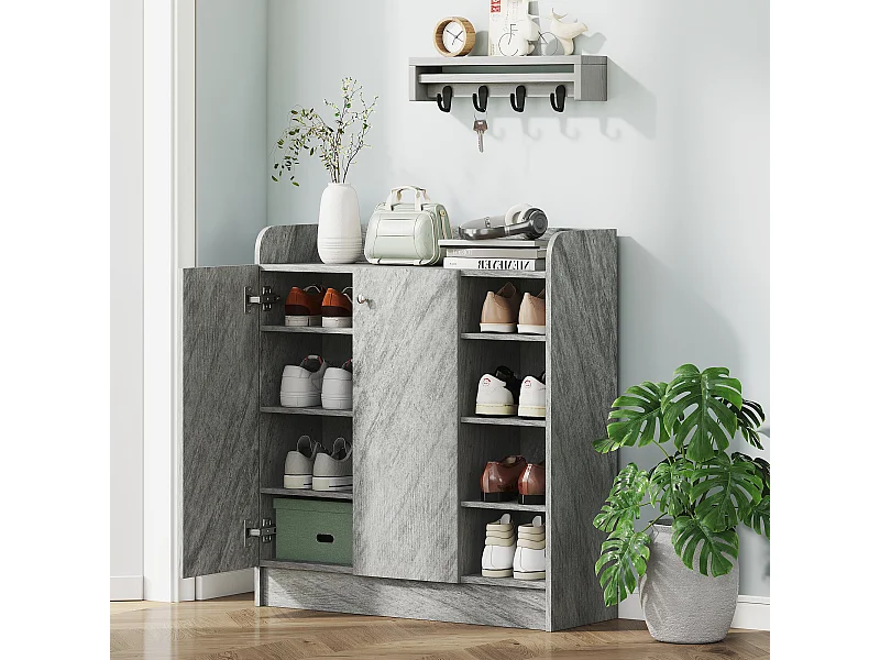 Meuble à chaussures - armoire à chaussures 2 portes 3 étagères 4 niches plateau aspect bois gris