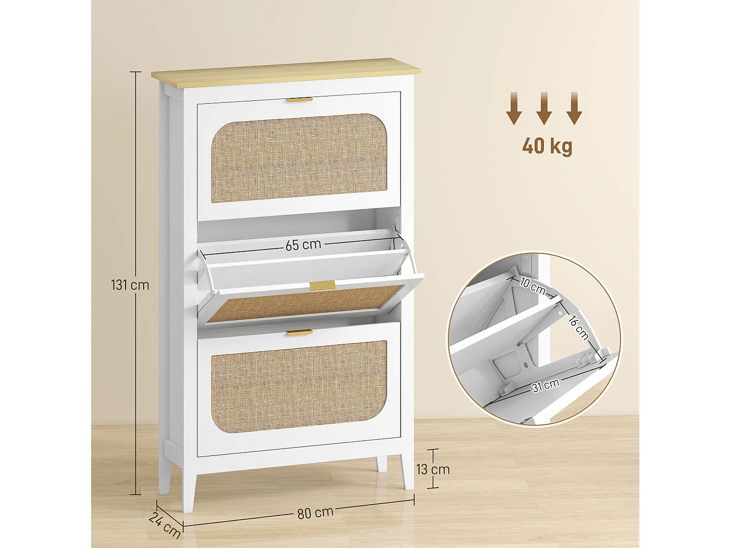 Meuble à chaussures style bohème chic 3 portes façades rotin poignées dorées effet bois clair blanc