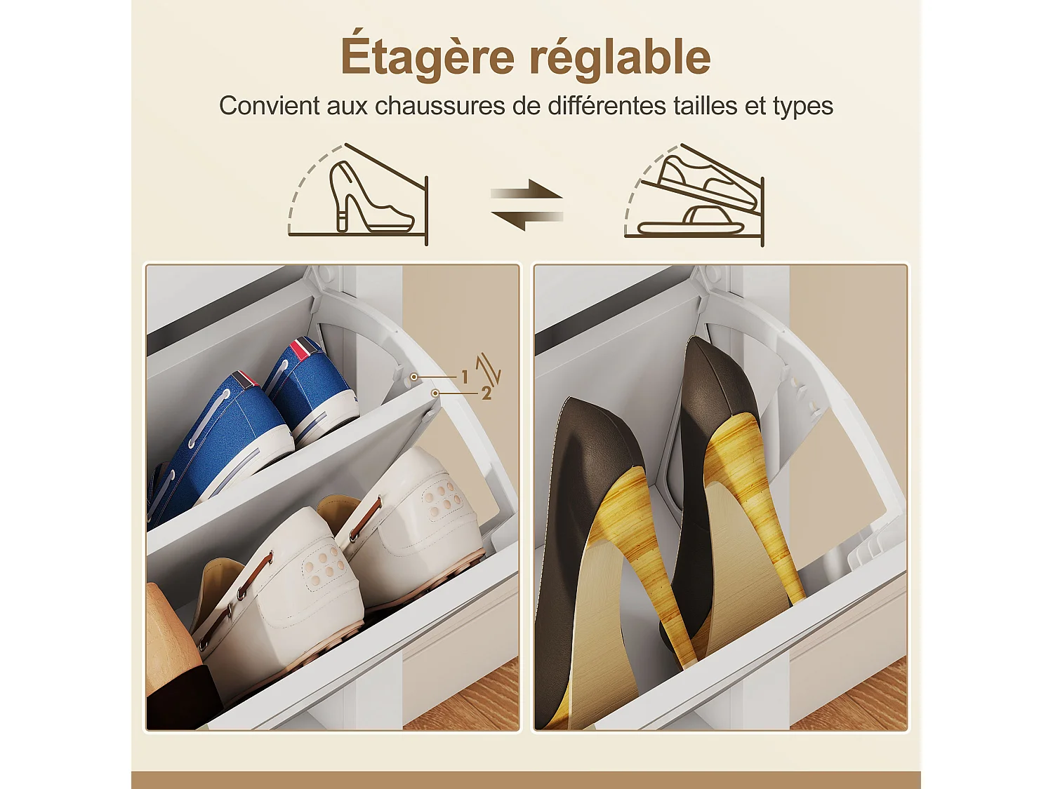 Meuble à chaussures style bohème chic 3 portes façades rotin poignées dorées effet bois clair blanc