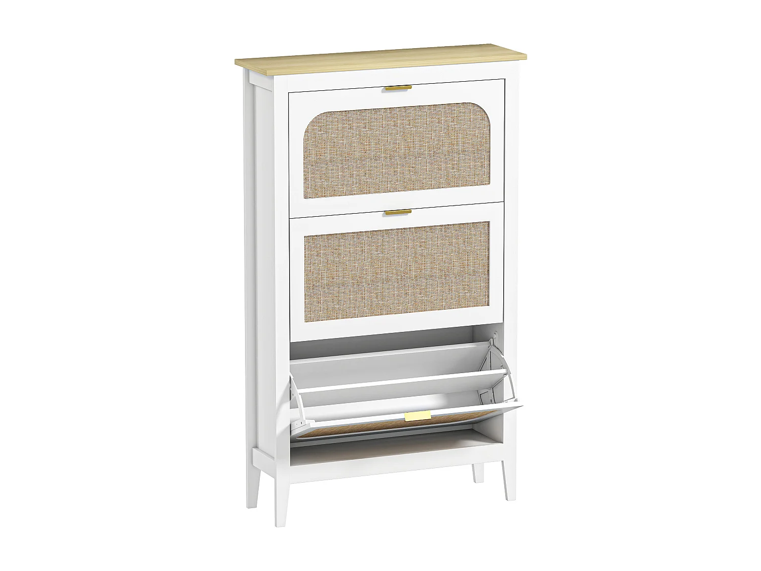 Meuble à chaussures style bohème chic 3 portes façades rotin poignées dorées effet bois clair blanc