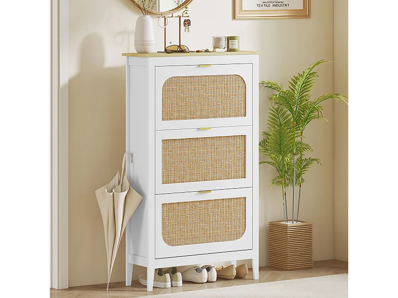 Meuble à chaussures style bohème chic 3 portes façades rotin poignées dorées effet bois clair blanc