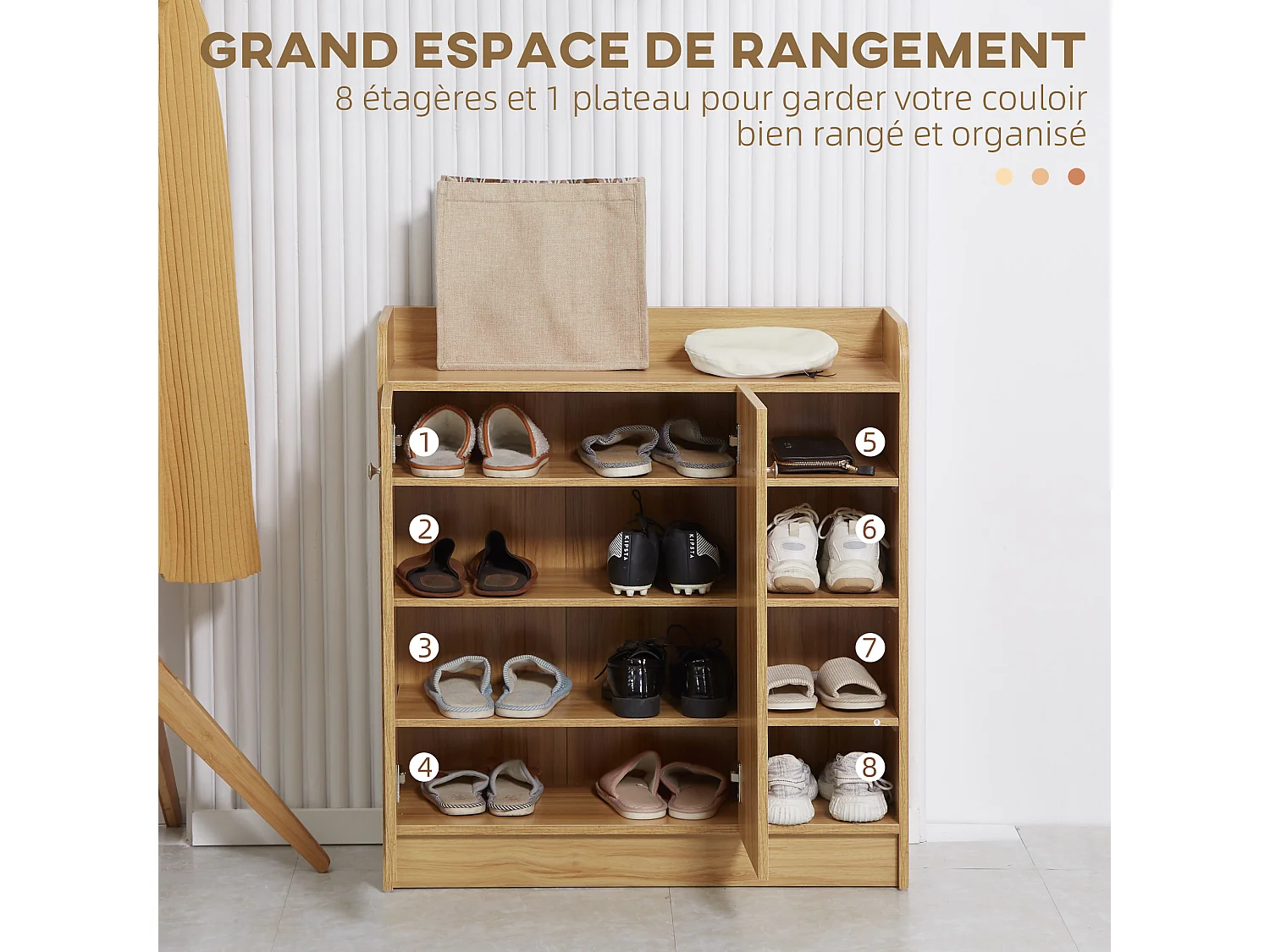 Meuble à chaussures - armoire à chaussures 2 portes 3 étagères 4 niches plateau aspect bois naturel
