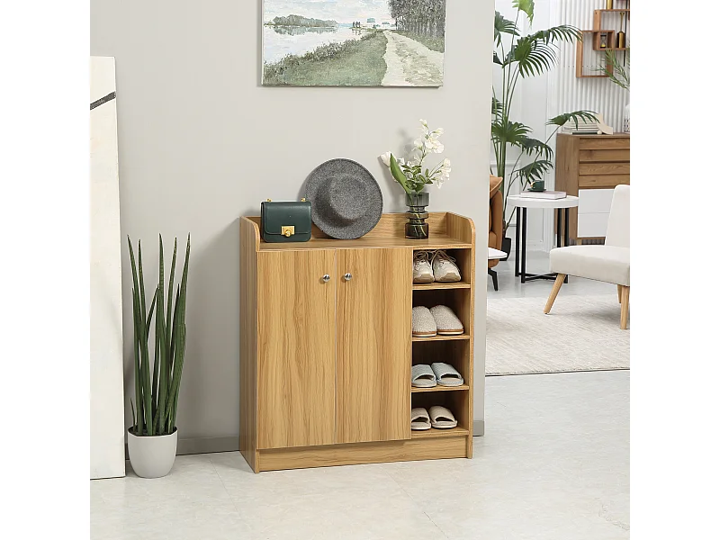 Meuble à chaussures - armoire à chaussures 2 portes 3 étagères 4 niches plateau aspect bois naturel