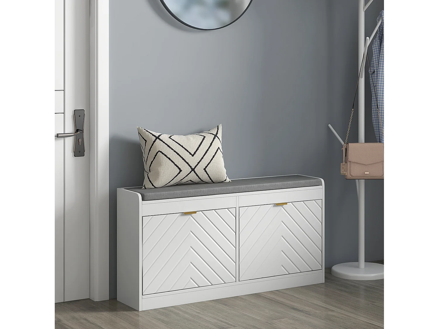 Banc à chaussures design 2 portes motif chevrons 2 étagères dim. 106 x 24 x 52cm coussin gris blanc