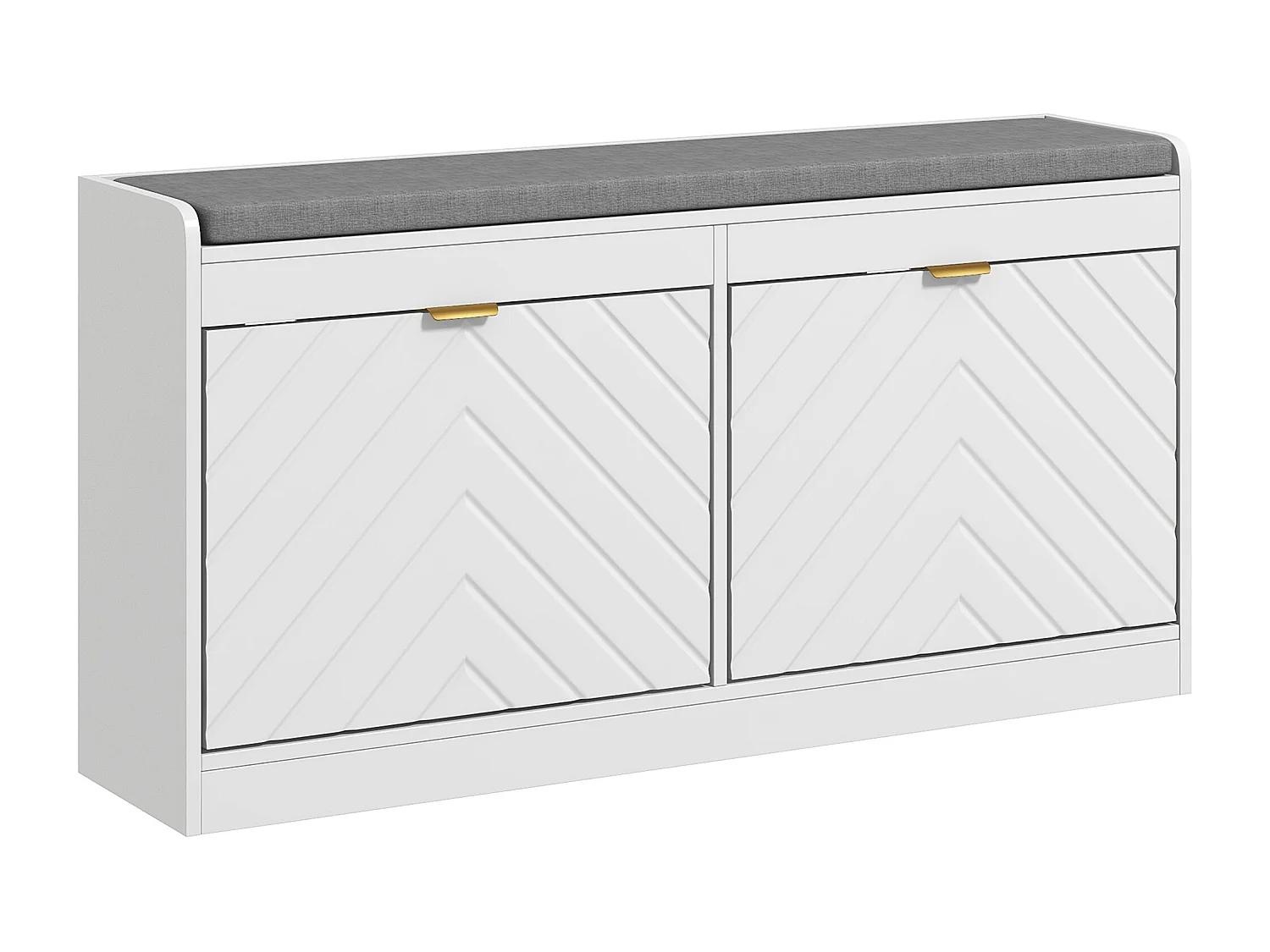 Banc à chaussures design 2 portes motif chevrons 2 étagères dim. 106 x 24 x 52cm coussin gris blanc