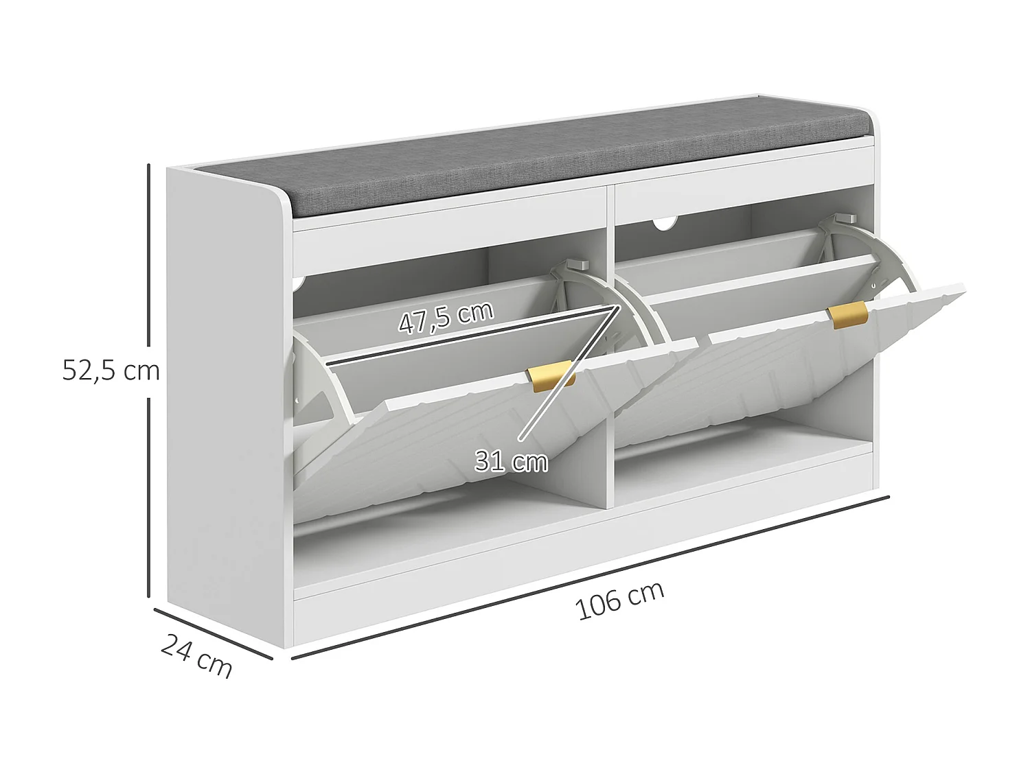 Banc à chaussures design 2 portes motif chevrons 2 étagères dim. 106 x 24 x 52cm coussin gris blanc