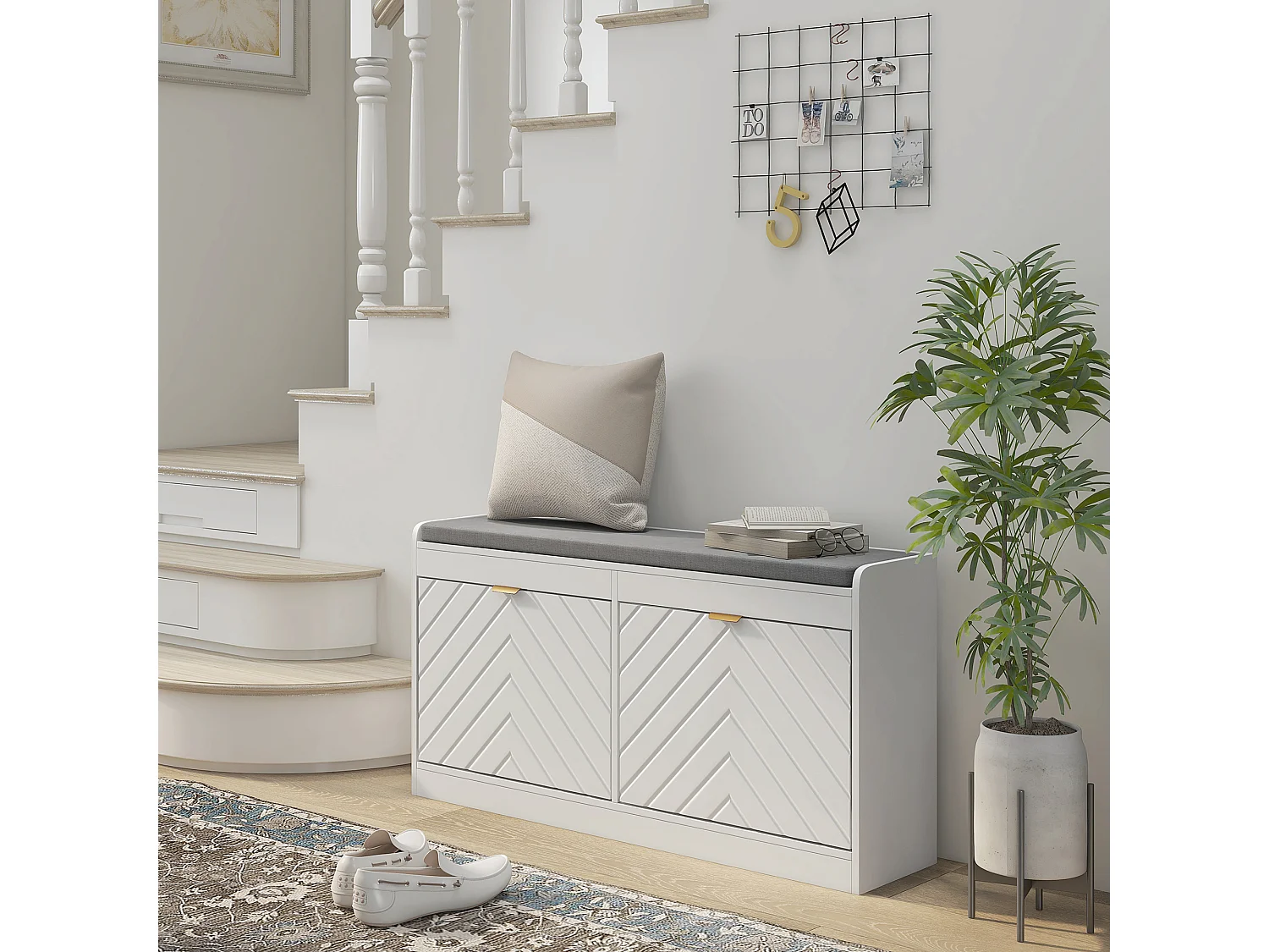 Banc à chaussures design 2 portes motif chevrons 2 étagères dim. 106 x 24 x 52cm coussin gris blanc