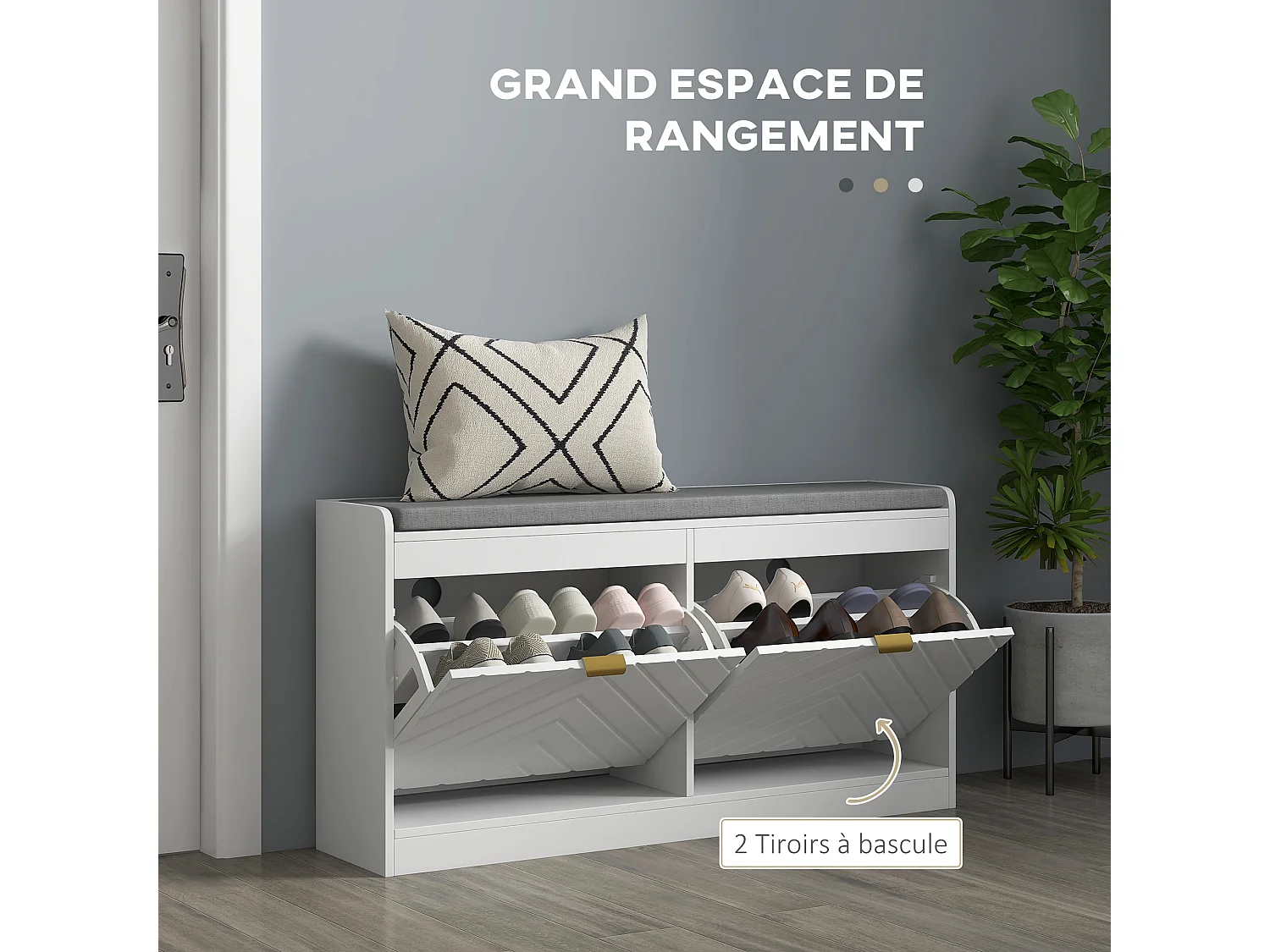 Banc à chaussures design 2 portes motif chevrons 2 étagères dim. 106 x 24 x 52cm coussin gris blanc