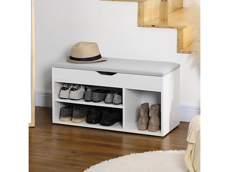Meuble chaussures banc à chaussures 2 niveaux rangement, niche, coffre coussin blanc gris