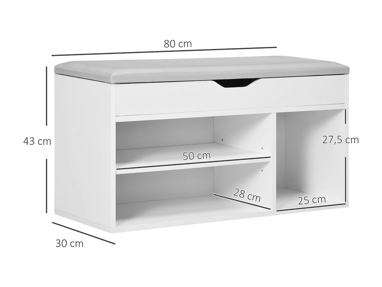 Meuble chaussures banc à chaussures 2 niveaux rangement, niche, coffre coussin blanc gris