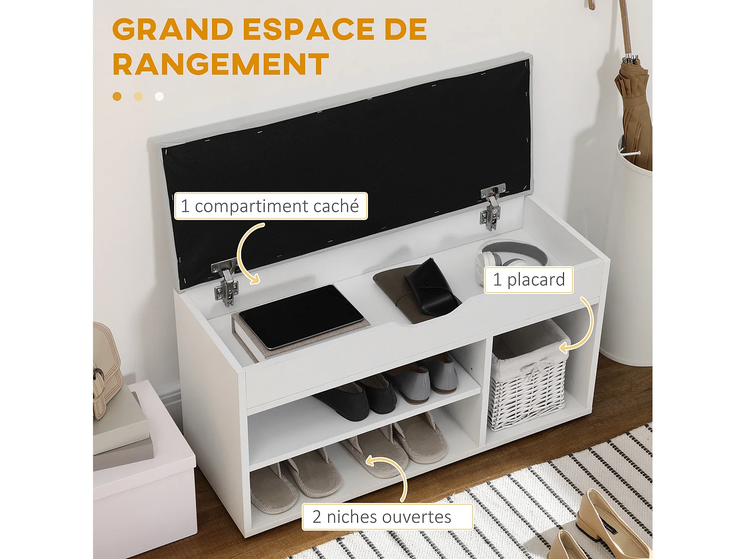 Meuble chaussures banc à chaussures 2 niveaux rangement, niche, coffre coussin blanc gris
