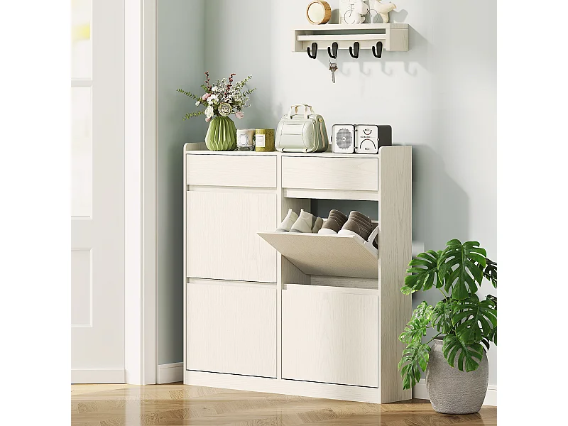 Meuble à chaussures 4 tiroirs rabattables 2 tiroirs coulissants dim. 98 x 19 x 95 cm blanc