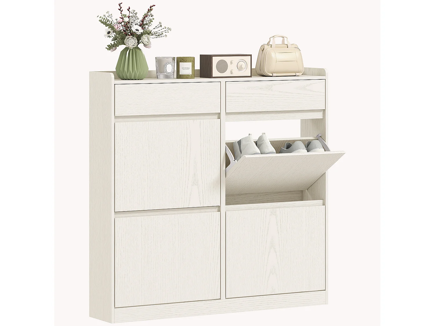 Meuble à chaussures 4 tiroirs rabattables 2 tiroirs coulissants dim. 98 x 19 x 95 cm blanc