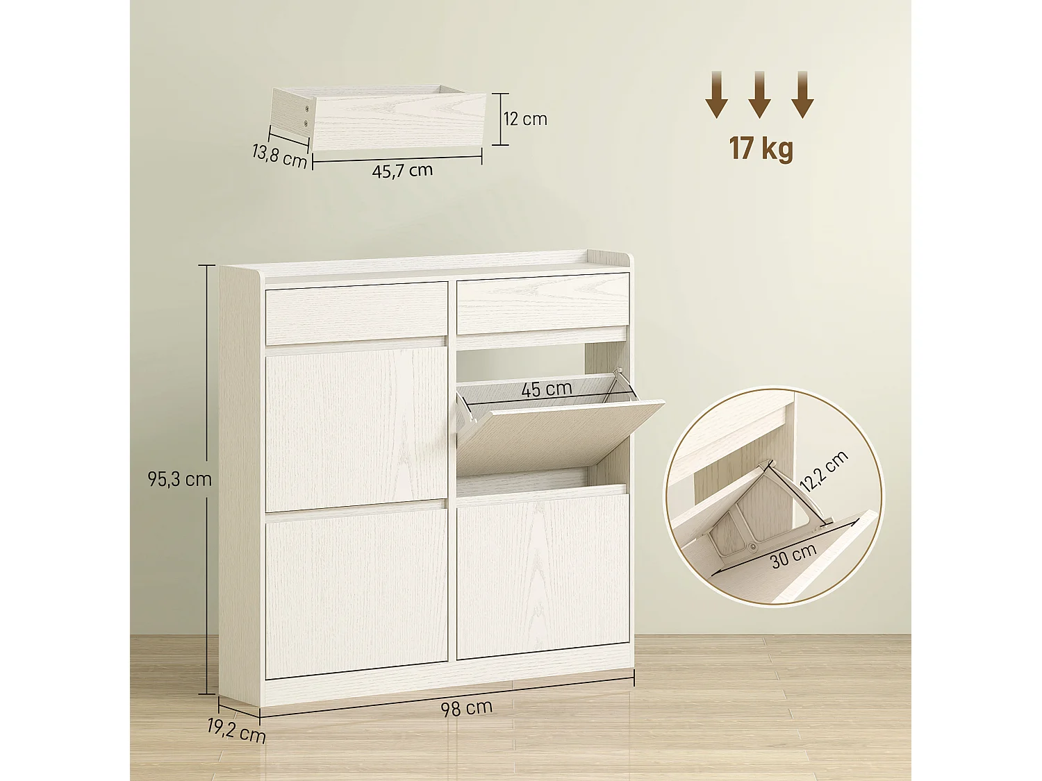 Meuble à chaussures 4 tiroirs rabattables 2 tiroirs coulissants dim. 98 x 19 x 95 cm blanc