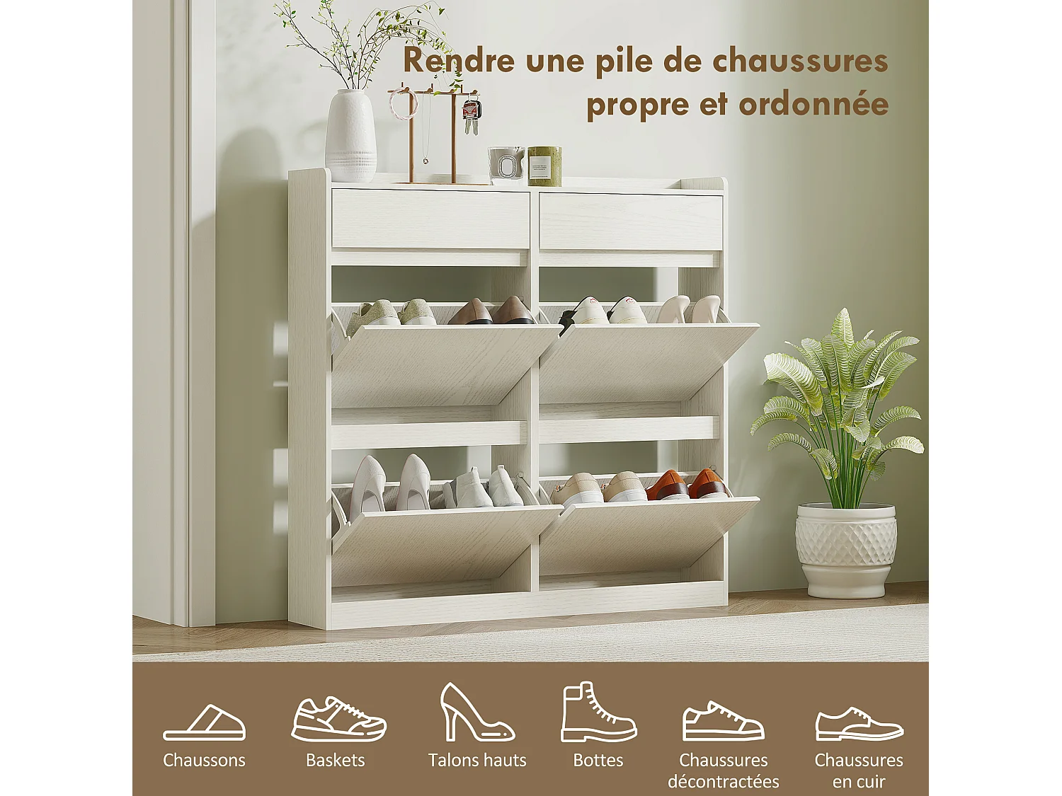 Meuble à chaussures 4 tiroirs rabattables 2 tiroirs coulissants dim. 98 x 19 x 95 cm blanc