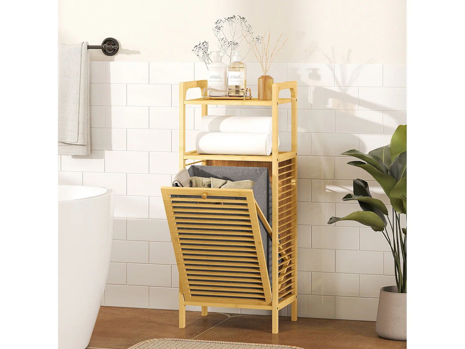 Meuble de Rangement à Linge en Bambou avec Panier Amovible 37L - Effet Bois Naturel