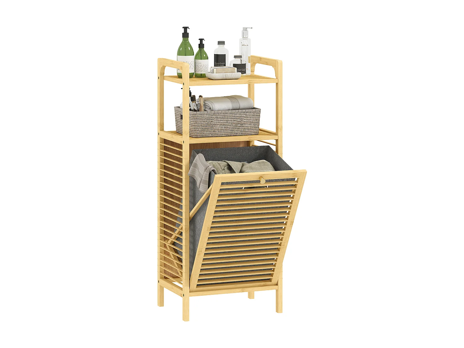 Meuble de Rangement à Linge en Bambou avec Panier Amovible 37L - Effet Bois Naturel