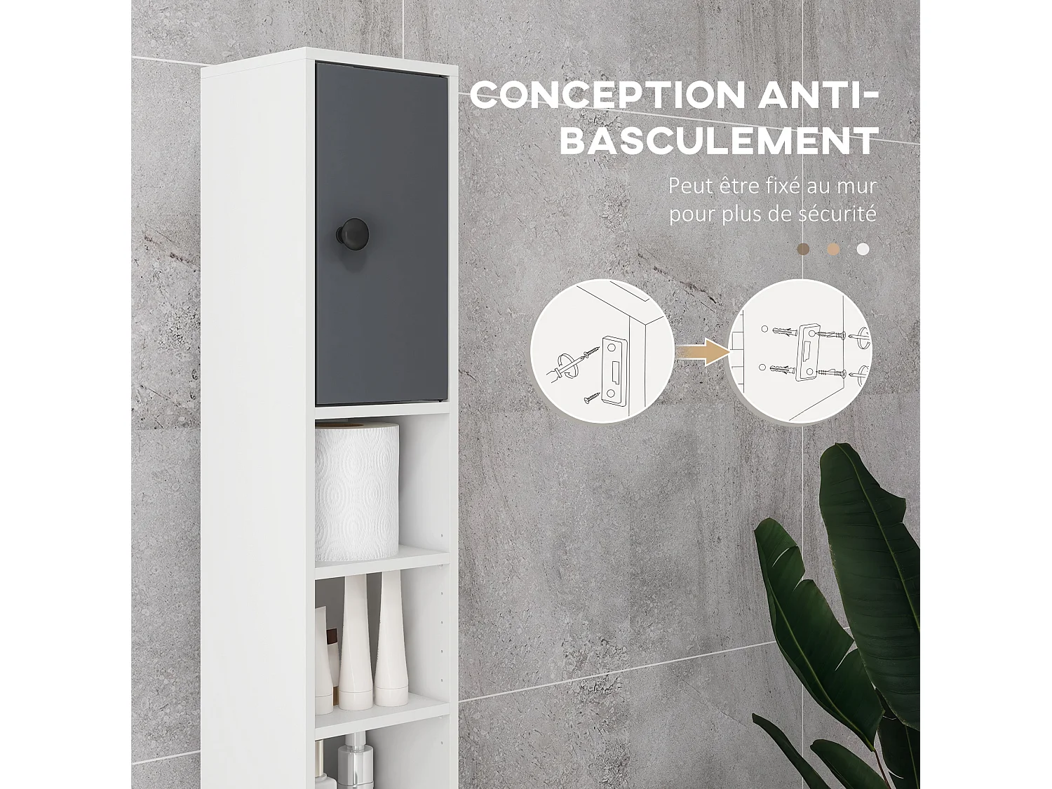 Meuble colonne salle de bain 2 portes 2 étagères 4 niches tiroir poignées métal noir panneaux blanc gris