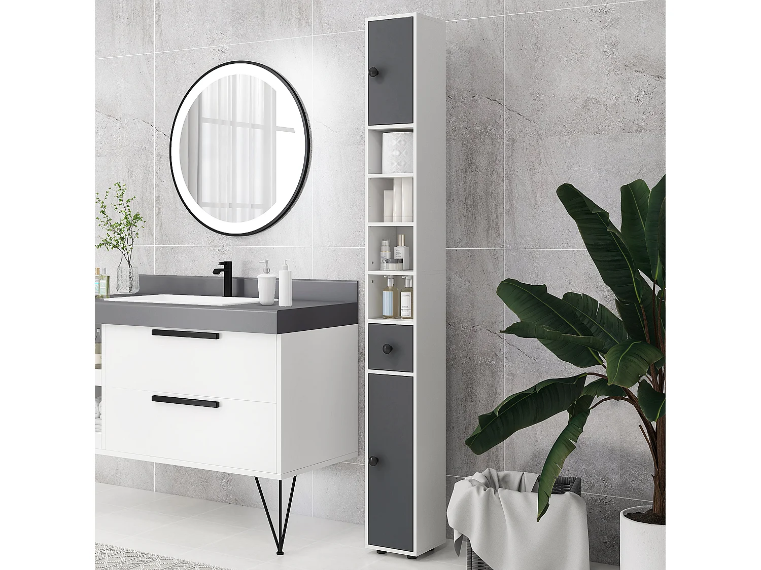 Meuble colonne salle de bain 2 portes 2 étagères 4 niches tiroir poignées métal noir panneaux blanc gris