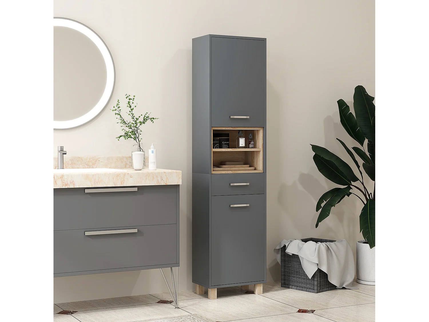 Colonne salle de bain design H.160 cm - 2 portes, 2 niches, tiroir - gris effet bois clair naturel
