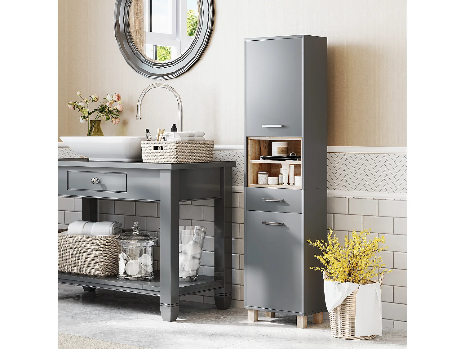 Colonne salle de bain design H.160 cm - 2 portes, 2 niches, tiroir - gris effet bois clair naturel
