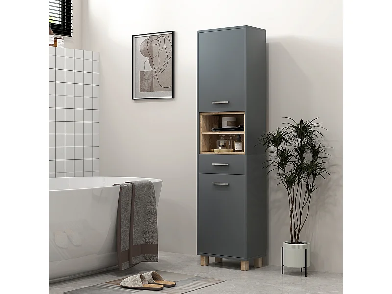 Colonne salle de bain design H.160 cm - 2 portes, 2 niches, tiroir - gris effet bois clair naturel