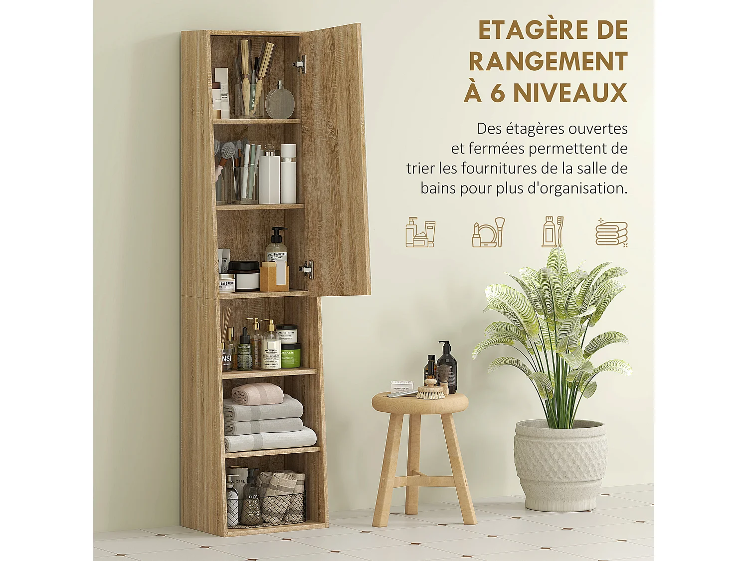 Colonne salle de bain design forme trapézoïdale avec miroir H. 165 cm - porte, 3 étagères, 3 niches - effet bois clair