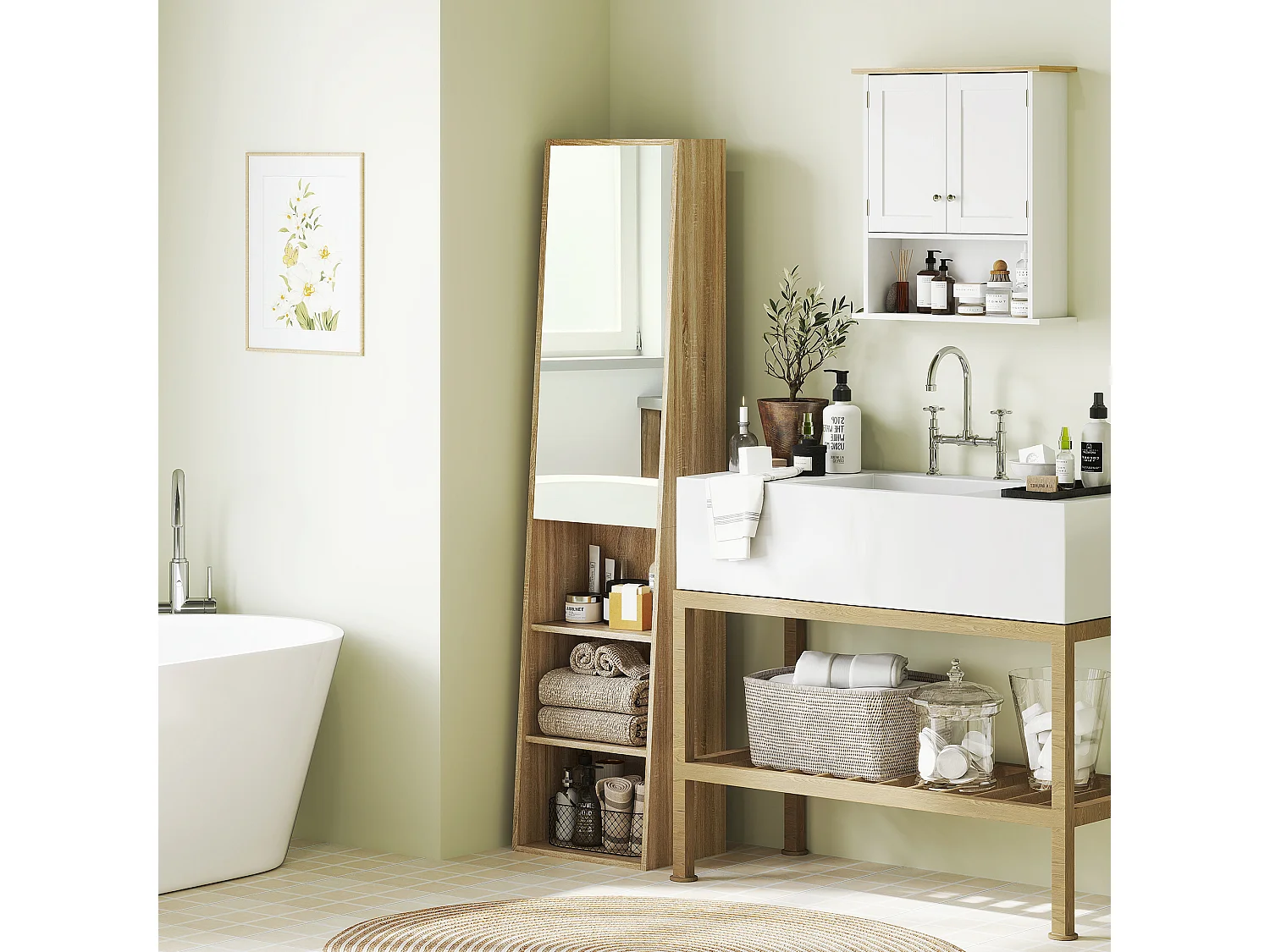 Colonne salle de bain design forme trapézoïdale avec miroir H. 165 cm - porte, 3 étagères, 3 niches - effet bois clair