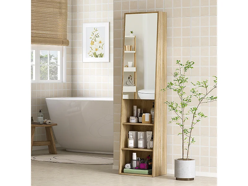 Colonne salle de bain design forme trapézoïdale avec miroir H. 165 cm - porte, 3 étagères, 3 niches - effet bois clair