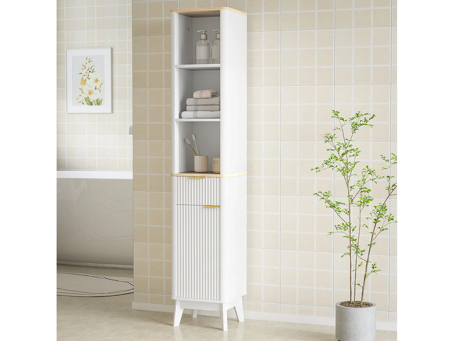 Colonne de salle de bain design effet cannelé - porte, étagère, tiroir, 3 niches - blanc effet bois