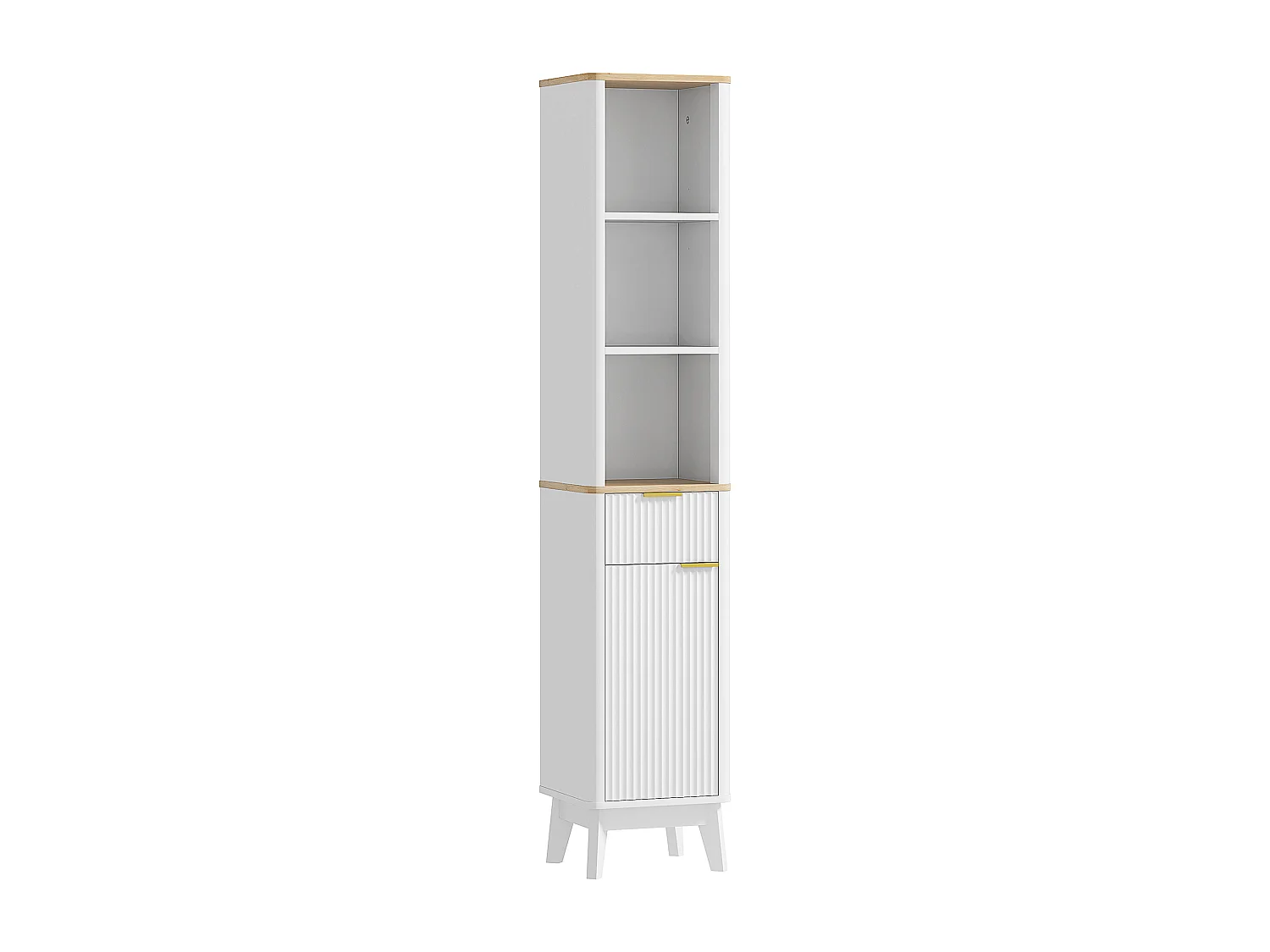 Colonne de salle de bain design effet cannelé - porte, étagère, tiroir, 3 niches - blanc effet bois