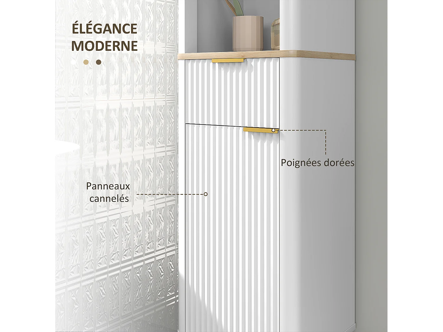 Colonne de salle de bain design effet cannelé - porte, étagère, tiroir, 3 niches - blanc effet bois