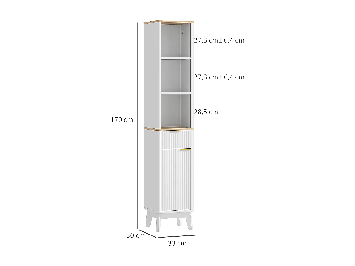 Colonne de salle de bain design effet cannelé - porte, étagère, tiroir, 3 niches - blanc effet bois