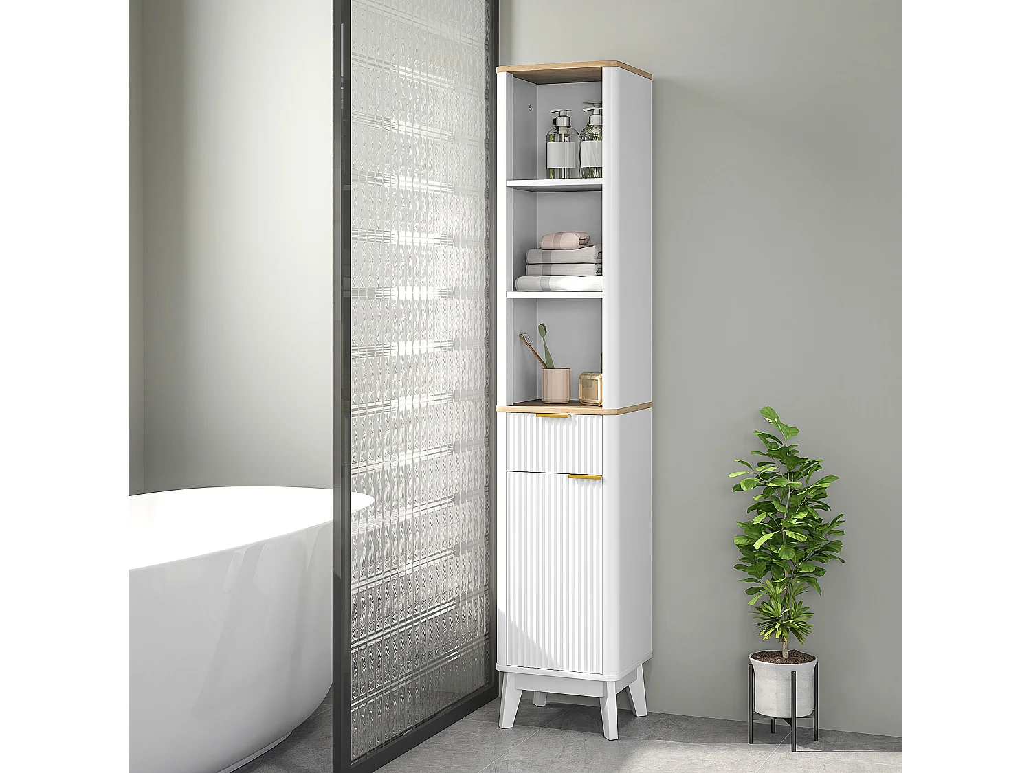 Colonne de salle de bain design effet cannelé - porte, étagère, tiroir, 3 niches - blanc effet bois
