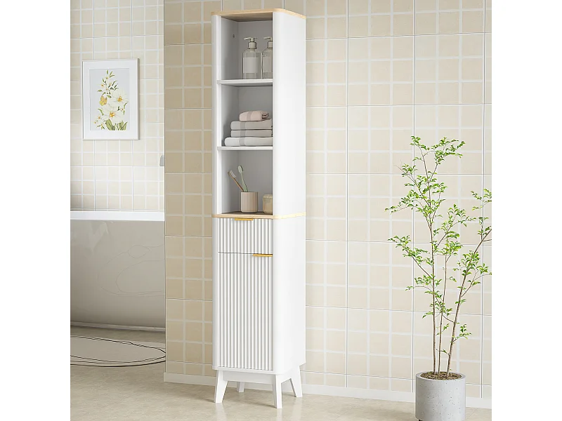 Colonne de salle de bain design effet cannelé - porte, étagère, tiroir, 3 niches - blanc effet bois