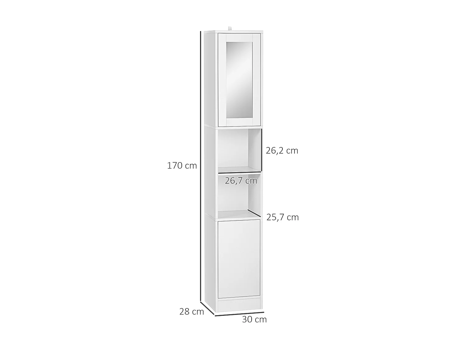 Armoire salle de bain, meuble de rangement colonne avec miroir, 2 portes, étagères réglables, 30x28x170cm, blanc