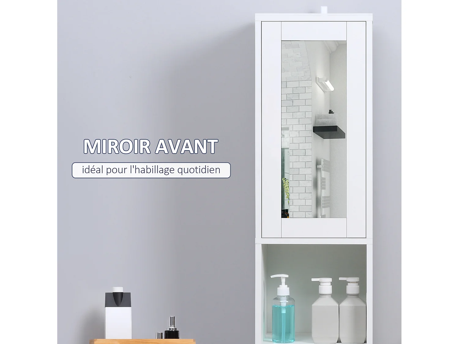Armoire salle de bain, meuble de rangement colonne avec miroir, 2 portes, étagères réglables, 30x28x170cm, blanc