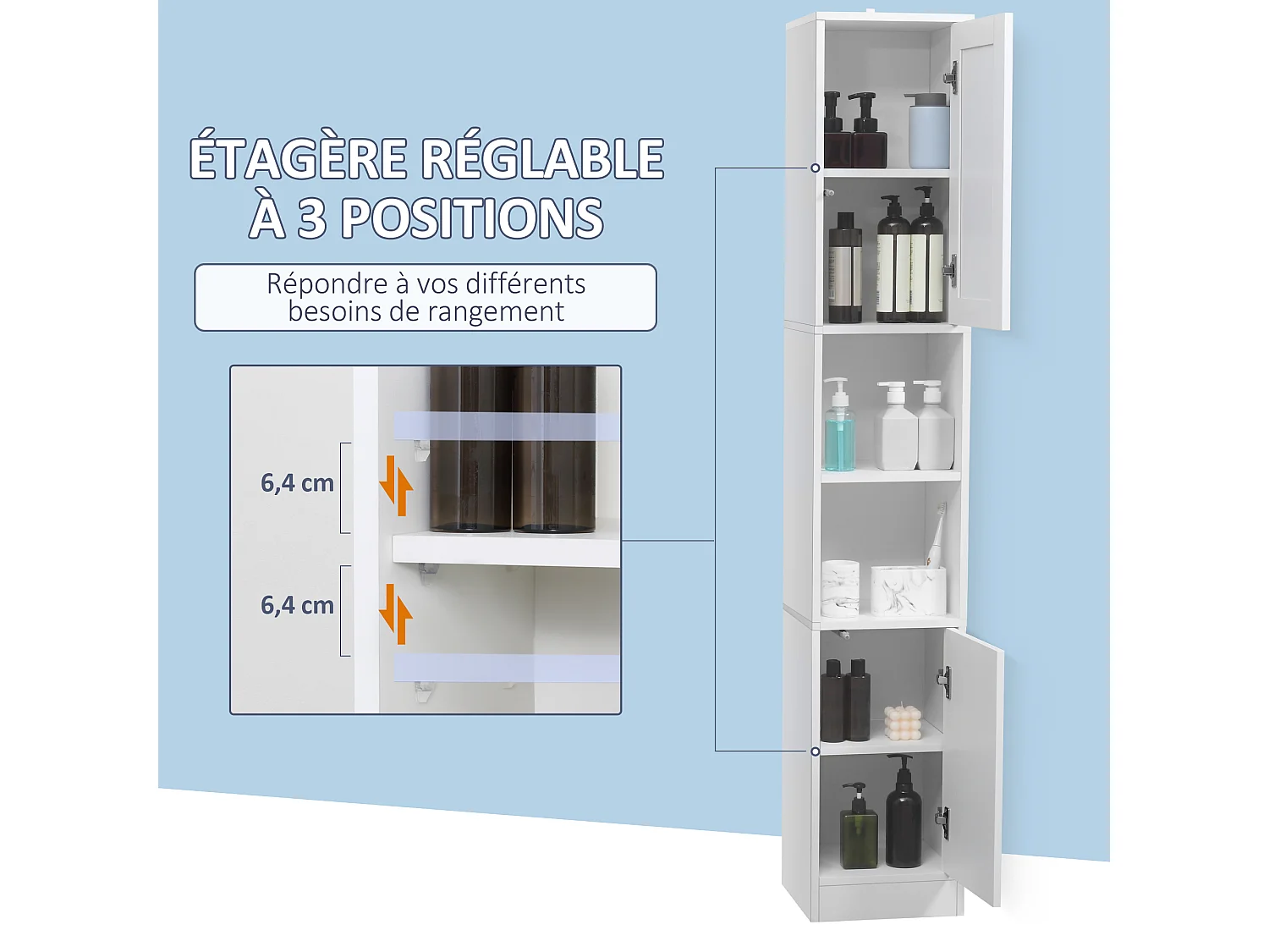 Armoire salle de bain, meuble de rangement colonne avec miroir, 2 portes, étagères réglables, 30x28x170cm, blanc