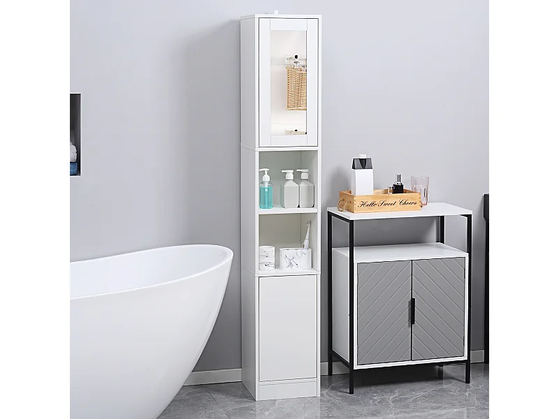 Armoire salle de bain, meuble de rangement colonne avec miroir, 2 portes, étagères réglables, 30x28x170cm, blanc