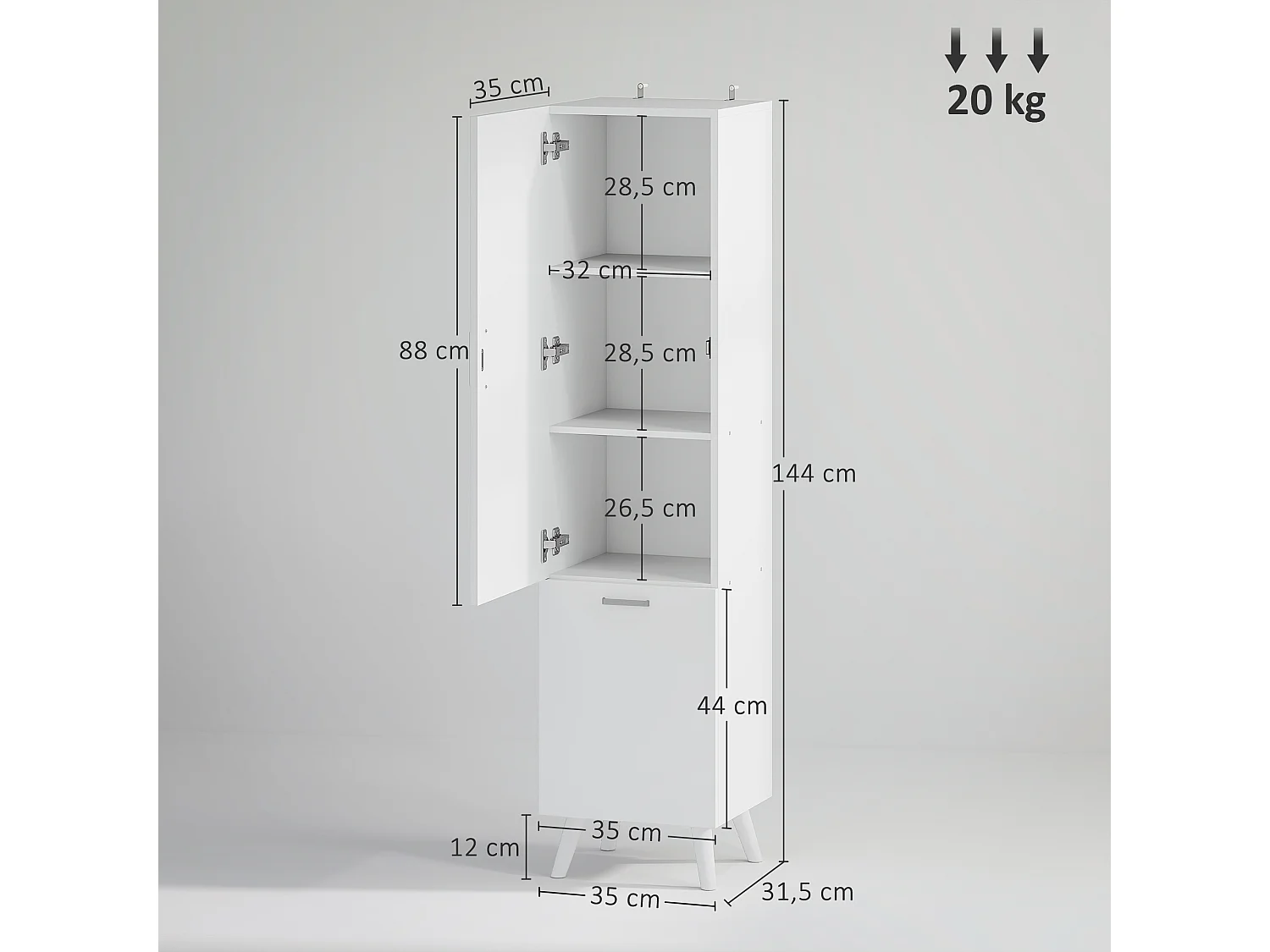 Colonne salle de bain - porte, 2 étagères, panier à linge - dim. 35 x 31,5 x 144 cm - blanc