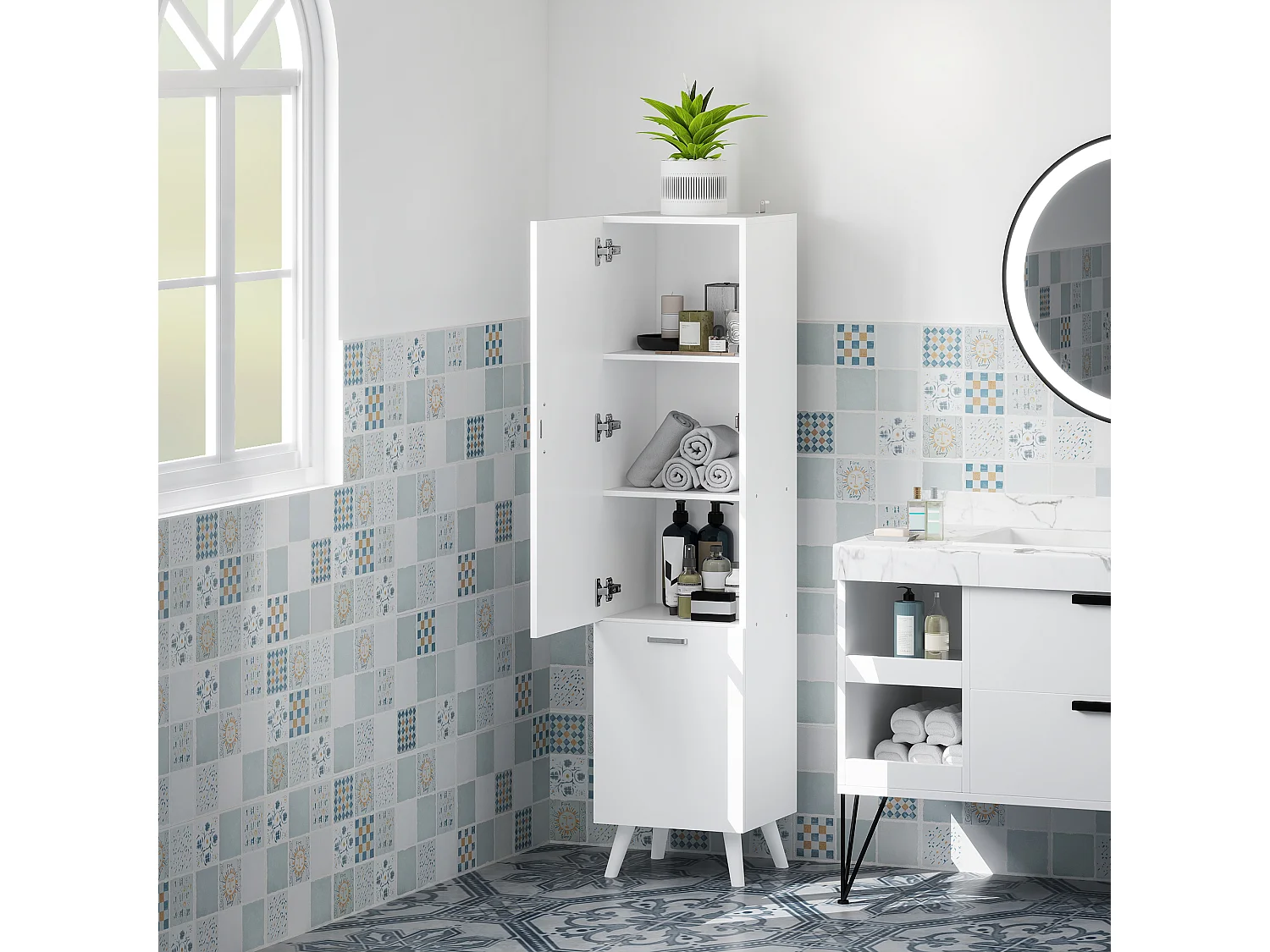 Colonne salle de bain - porte, 2 étagères, panier à linge - dim. 35 x 31,5 x 144 cm - blanc