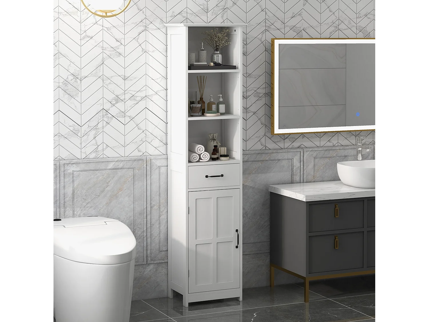 Colonne salle de bain dim. 40 x 30 x 164 cm - porte, étagère, tiroir, 3 niches - blanc