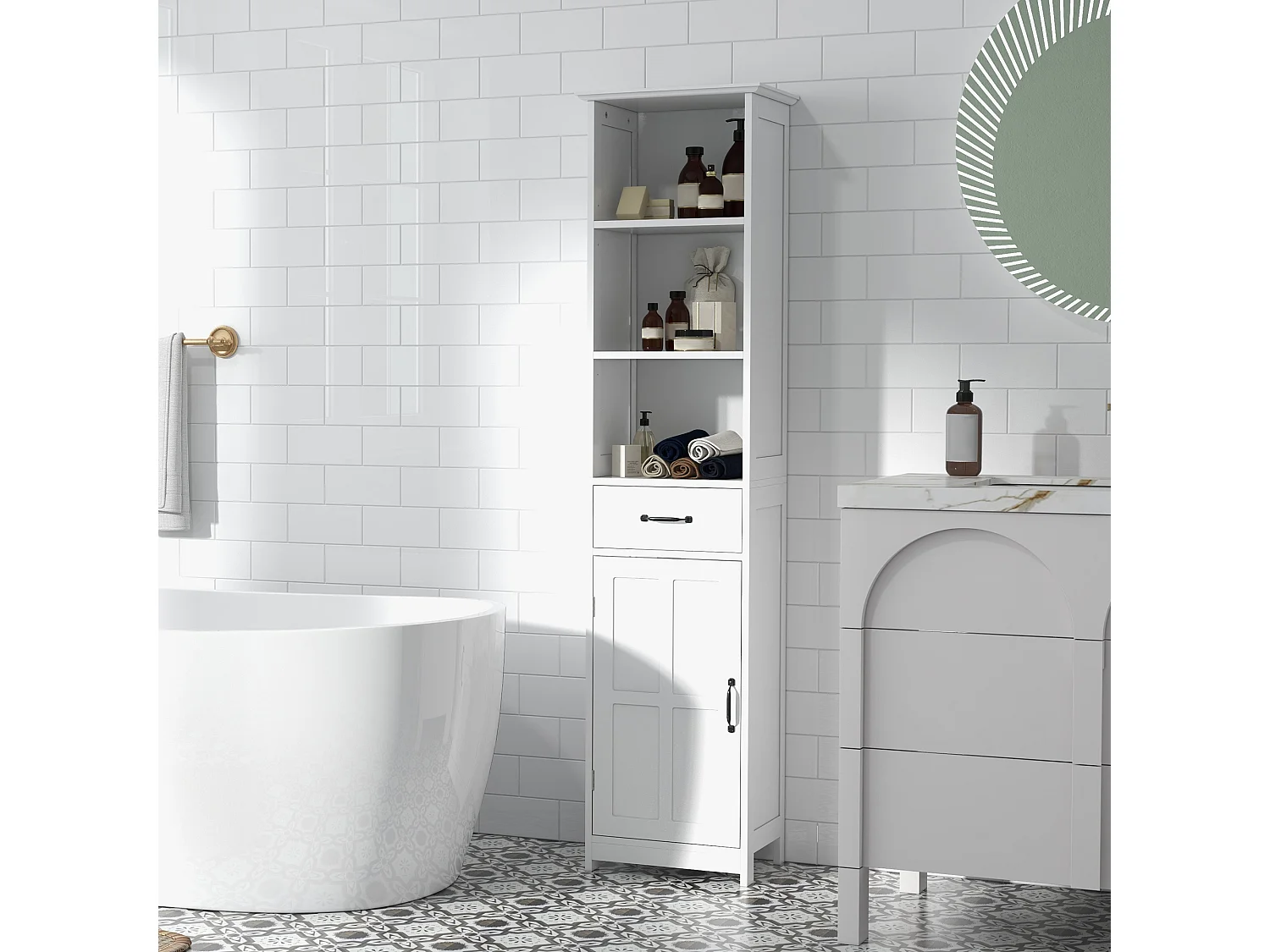 Colonne salle de bain dim. 40 x 30 x 164 cm - porte, étagère, tiroir, 3 niches - blanc