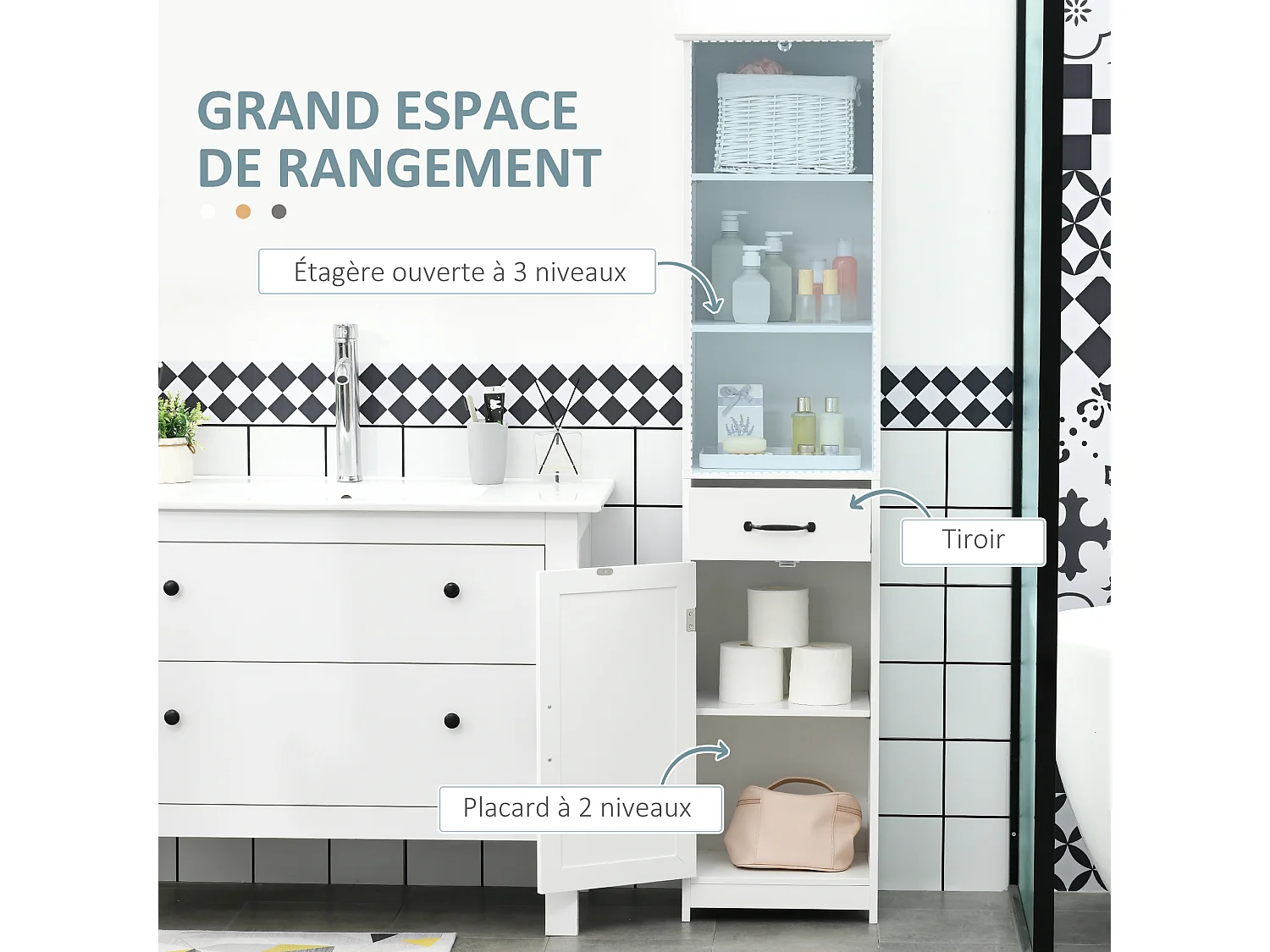 Colonne salle de bain dim. 40 x 30 x 164 cm - porte, étagère, tiroir, 3 niches - blanc