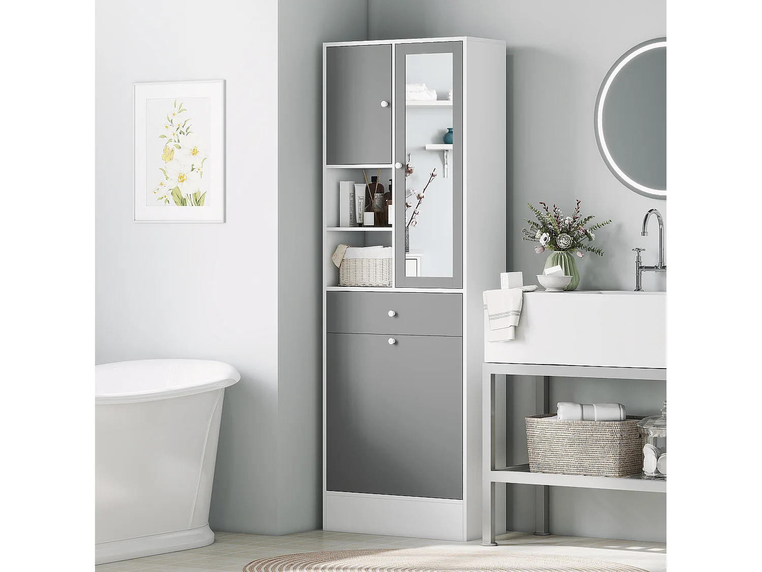 Meuble haut de salle de bain avec miroir - panier à linge à bascule, 2 portes, 3 étagères, 2 niches, tiroir - blanc gris