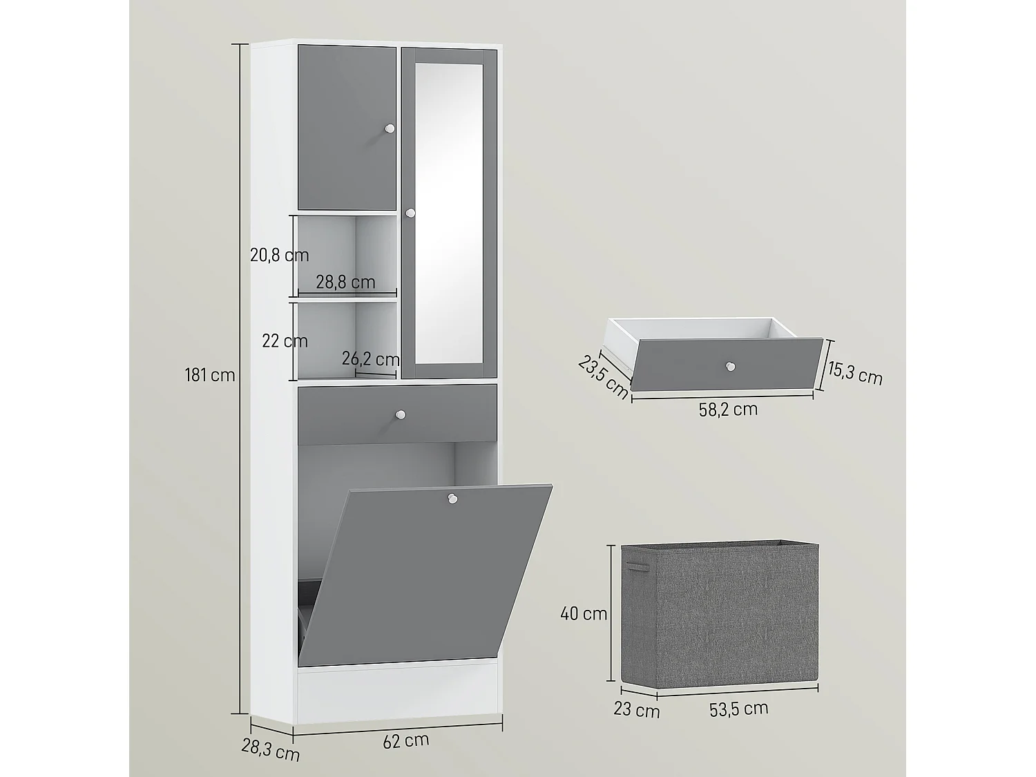 Meuble haut de salle de bain avec miroir - panier à linge à bascule, 2 portes, 3 étagères, 2 niches, tiroir - blanc gris